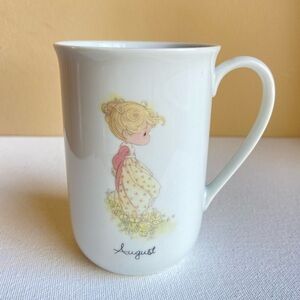 Precious Moments Enesco 1984 August collectible mug with dainty girl and flowers